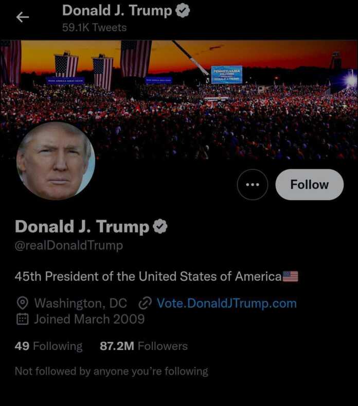 Trampning blokdan chiqarilgan Twitter akkaunti bir kunda 87 million obunachiga ega bo'ldi Trampning blokdan chiqarilgan Twitter akkaunti bir kunda 87 million obunachiga ega bo'ldi