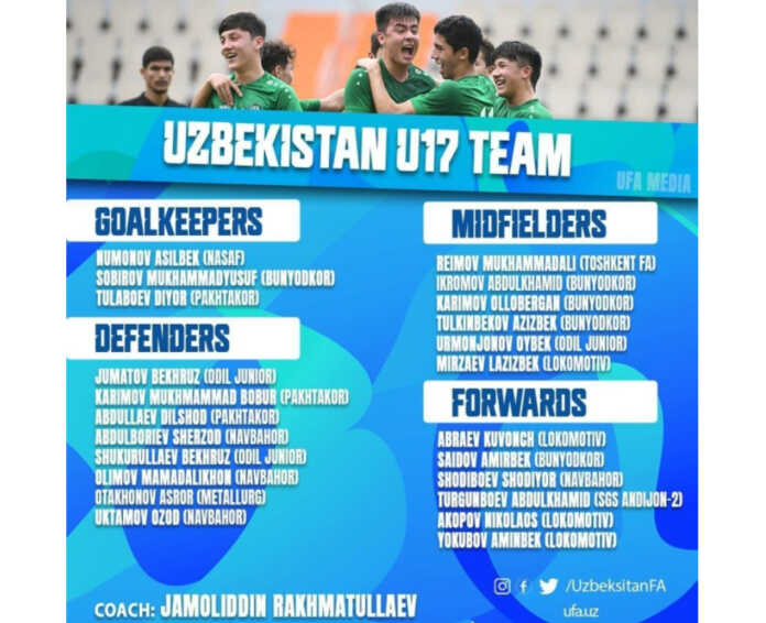 Osiyo Kubogida ishtirok etadigan O'zbekiston U-17 terma jamoasining tarkibi ma'lum bo'ldi